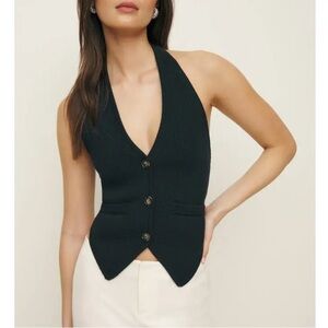 Reformation Black Buttoned Halter Crop Top